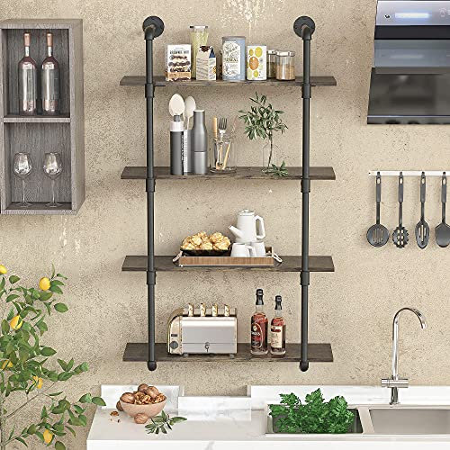 Gezen Estantería industrial flotante de metal, estantería de escalera de madera rústica, estantería montada en la pared, estantería de almacenamiento para sala de estar, cocina, baño (4 niveles)