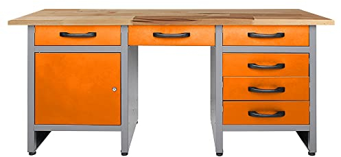 Ondis24 Werkbank 160 cm orange mit 6 Schiebern und Tür abschließbar Werktisch für Werkstatt Holz Arbeitsplatte