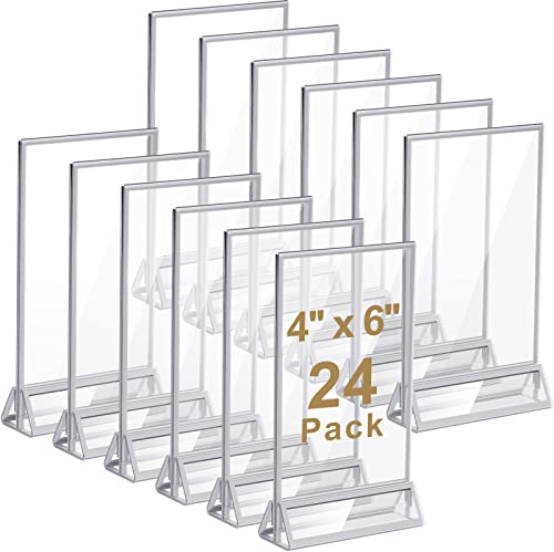 Lot de 24 supports de panneau en acrylique transparent de 10,2 x 15,2 cm avec bordures argentées et support vertical, double face, cadres photo pour numéros de table de mariage, panneaux de