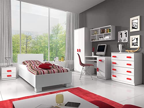 Fabryka Mebli Idźczak Kinderzimmer-Set Jonas I 01 - Schrank, Bett, Wandregal, Kommode, Schreibtisch, Nachttisch - Kleiderschrank - Skandinavischer Stil, Modern Design - Weiß/Rot