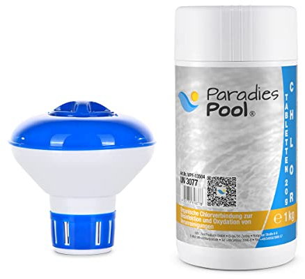 Dosierschwimmer klein 12,5 cm + 1kg Chlortabletten 20g, schnell löslich, zur Desinfektion von kleineren Schwimmingpools