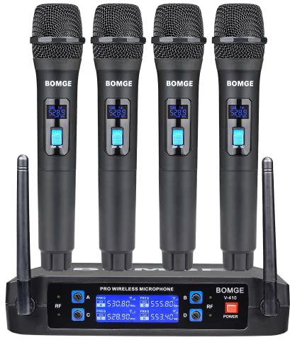 BOMGE Sistema di microfoni wireless, Pro 4 canali cordless set con quattro microfoni portatili, frequenza fissa, lunga autonomia 60 m, ideale per chiesa, karaoke, eventi
