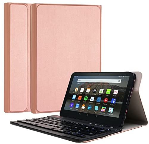TECHGEAR Strike Folio Hülle für Amazon Fire 7 12. Generation / 2022 – PU-Lederhülle mit Abnehmbarer kabelloser Bluetooth-UK-QWERTZ-Tastatur und Ständer, Amazon Fire 7-Tastaturhülle (Roségold)