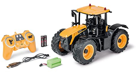 Carson 500907653-1:16 RC Tractor JCB 2.4G 100% RTR - Remote Controlled Vehicle, Tractor with Functions Light and Sound, Remote Controlled Tractor, Yellow