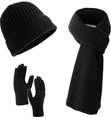 Villand Scarf Beanie Golves Set für Damen und Herren mit Geschenkbox (Schwarz)