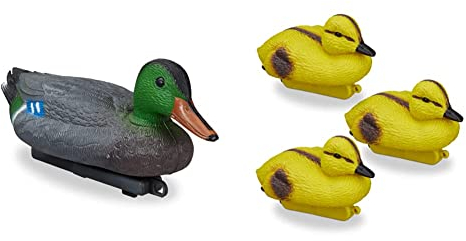 Relaxdays Teichente, schwimmender Erpel, Lockente aus Kunststoff, 1 Stück & Teichenten, Entenküken, schwimmende Baby-Enten, Kunststoff, wetterfest, Dekofigur, Teich, Garten, gelb-schwarz