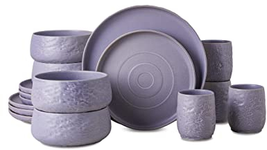 Stone by Mercer Project SHOSAI 16-teiliges Geschirrset aus Steingut, Teller und Schüsseln, modernes Geschirrset für 4, Lavendel