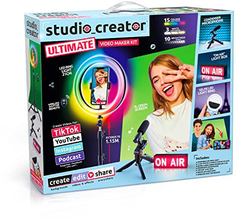 Ultimate Video Maker Kit Age 14+, XL Green Screen, Colour LED Ring Light, Microphone + Selfie Light, 'On Air' Lightbox + More! For Ages 14+