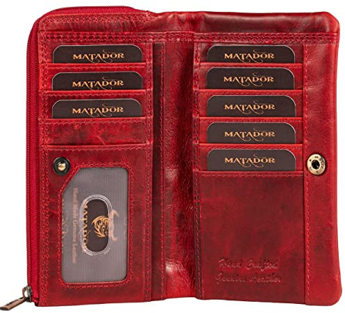MATADOR Puebla Leder Portemonnaie Damen Rot Mittelgroß Mit Edler Geschenk Box | Elegante Rote Geldbörse im Hochformat | RFID Geldbeutel Mittelgroß