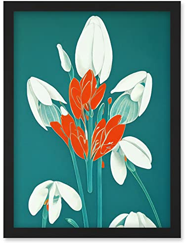 Wee Blue Coo Abstract Snowdrops Red Flowers on Teal Retro Mid Century Style Artwork Framed Wall Art Print A4