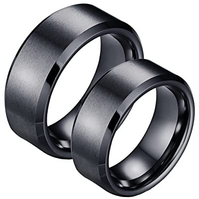 Ringe für Paare Breit, Partnerringe für Sie und Ihn Schwarz Wolframcarbid 8 mm Gebürstete Abgeschrägte Kante zum Hochzeitstag des Paares