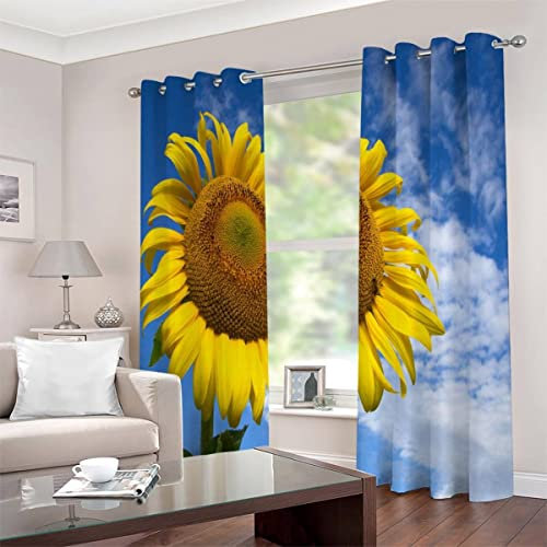 JIARAO Vorhänge mit Ösen 2er Set Blickdichte Vorhänge Gelbe Sonnenblume Abdunkelnd Schallschutz Vorhang Polyester 3D Blauer Himmel Und Weiße Wolken Home Dekoration Gardinen Isolierend Gardinen Lang