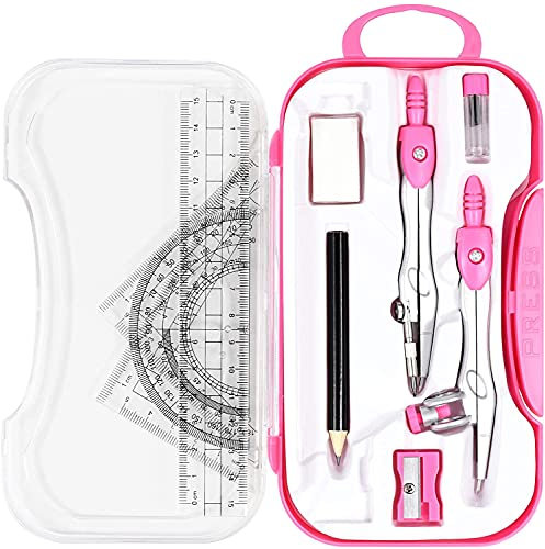 10 Pcs Maths Geometry Set for Girls Included Compasses Protractor Sharpener Set Square Triangle Ruler, etc. with Storage Box, Study Tool for Kids Students