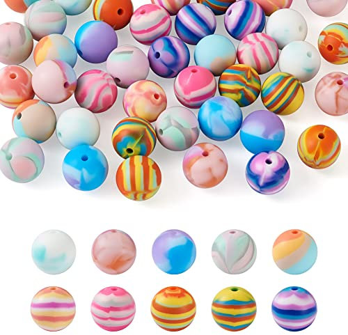 Cheriswelry 50Pcs Rainbow Color Silicone Beads 15mm Round Silicone Loose Beads for DIY Keychain Necklace Bracelet Making DIY Crafts