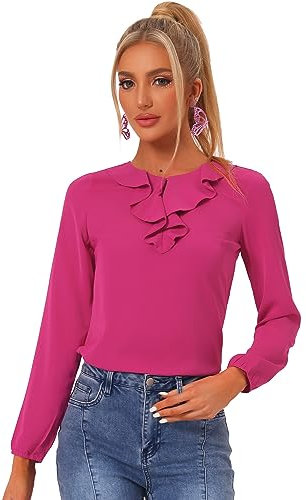 Allegra K Día de San Patricio Blusa Elegante De Manga Larga con Cuello De Volantes Y Lunares Vintage para Mujer Fucsia-sólido XL