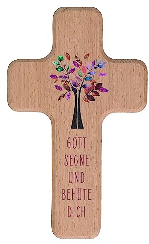 Butzon & Bercker Kinderholzkreuz - Gott segne und behüte dich. Wandkreuz aus Buchenholz in Natur mit aufgedrucktem Lebensbaum und Segenswunsch, Format 18 x 11 cm
