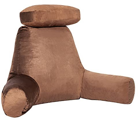 COSTWAY Extra Large Reading Pillow, Bed Rest Pillow Back Lumbar Support Cushion with Removable Neck Roll, Arms & Pockets, Sit Up Pillow for Relaxing Gaming Watching TV (Brown)