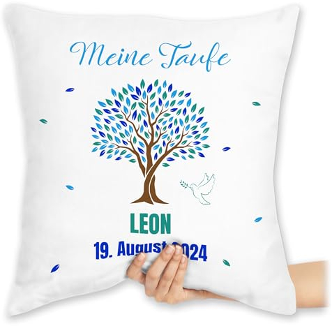 Kissen 40x40 Zierkissen - Meine Taufe Lebensbaum I Taufgeschenk Jungen Taufgeschenke Junge Patenkind - 40 x 40 cm - Weiß - taufkissen konfirmation Taufe personalisiertes Kommunion zur