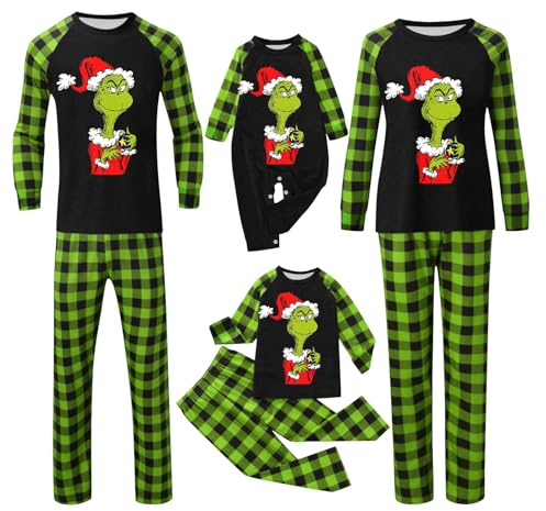 QWUVEDS Weihnachten Grinch Schlafanzug Familie Pyjama Set Pyjama Couple Weihnachtspyjama Familie Set Schlafanzug Lang Outfit Winter Damen Herren Kinder Nachtwäsche Nachthemd Hausanzug Schlafanzüge 163