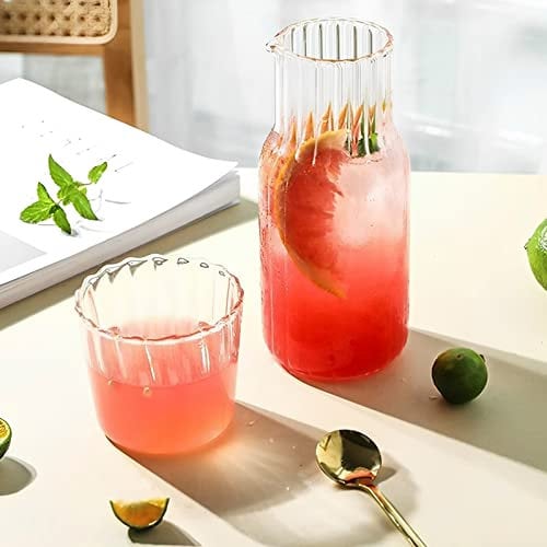 Bedside Water Carafe 550/600ML Water Carafe Set with Tumbler Clear Juice Water Pitcher Night Water Carafe for Cold Beverage Ice Tea Bathroom Kitchen Accessories (Stripe)