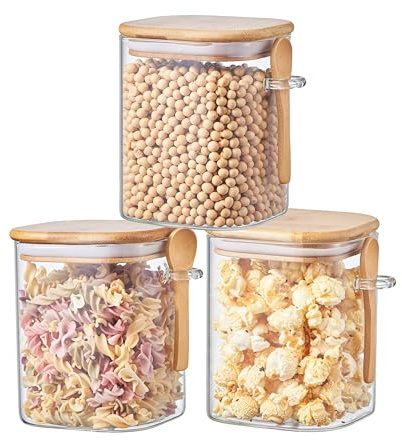 ORNAMI Airtight Glass Pantry Storage Canister Jar with Bamboo Lid & Spoon | BPA-Free, Clear Kitchen Organisation Jar - Set of 3 (1L, Square)