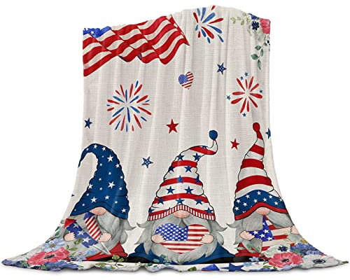 Patriotische Zwergdecke, USA-Flagge, 4. Juli, Decke, Fleece, weich, leicht, Bettdecke, rot-weiß und blau, Mohnblumen, Sterne, Streifen, Decke für Unabhängigkeitstag, Geschenke, Gedenktag, 101,6 x