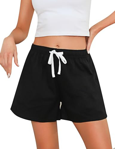 Sykooria Pantalones cortos de algodón para mujer, cintura suave con cordón pijamas de salón parte inferior de chándal para ropa de casa correr yoga gimnasio(Negro,L)