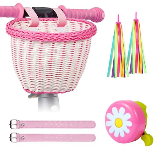 SVNR Panier de vélo en osier rose et blanc avec poignée de vélo, serpentins et clochette, panier de cyclisme pour enfants avec sangles de rechange en cuir, facile à installer et amovible