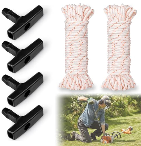 Corde Lanceur Tondeuse, Corde de démarrage tondeuse à gazon Corde de démarrage 30 mètres Ø4mm et poignée de démarrage 4 pièces, adaptée aux tondeuses à gazon, tronçonneuses, coupe-bordures