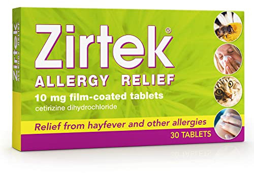 Zirtek Allergy Relief | Pack of 2 X 30 Allergy Tablets | Hayfever, Dust, Pets, and Hives | Cetirizine Antihistamine Tablet | Helps Relieve Allergic Symptoms | for Adults and Children Over 6 Years