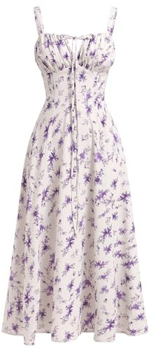 Odizli Robe d'été sexy sans manches pour femme - Bretelles spaghetti - Style bohème - Fleurs - Robe longue avec fente, abricot violet, XS