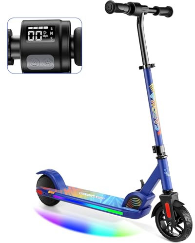 Caroma Elektroroller für Kinder von 8-12 Jahren, 150W Motor, 16 km/h, 60 min Fahrzeit, Einstellbare Geschwindigkeit & Höhe, Bunte Lichter, LED Display, Faltbarer Kinder Elektroscooter, Dunkelblau