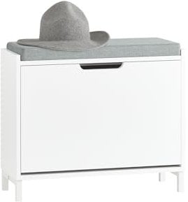 SoBuy Schuhschrank Schuhbank mit Sitzfläche, Schuhregal mit Stauraum, Klappe, Sitzkissen, bis 113 kg belastbar, für Flur, Wohnzimmer, Weiß BHT ca. 60x52x24cm FSR151-K-W