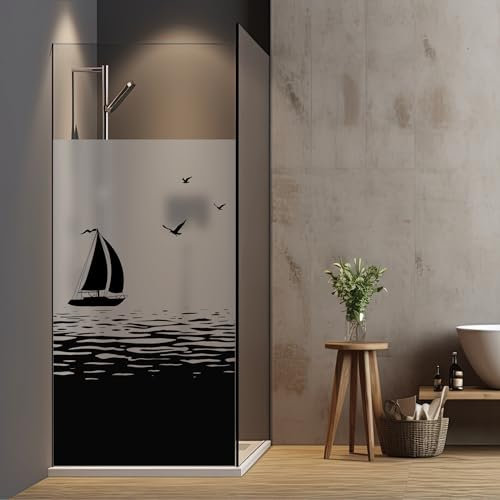Wandtattoo Loft Film de Douche Anti-Regards avec Motif de Bateau à Voile, Dimensions sur Demande en Noir ou Blanc, Film résistant à l'eau pour Portes de Douche en Verre