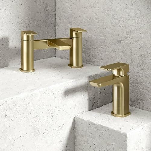 Rhodos Brushed Brass Bathroom Tap Pack | includes Deck Mounted Bath Filler | includes Mono Basin Mixer | Brushed Brass Finish | Brass Tap Pack |