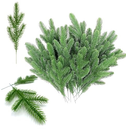XIAQICA 60 Pièces Branche Sapin Artificielles 27 x 8 cm Branches Sapin Artificiel Decorative Vertes Plantes Noël Faux Branches de Pin Artificielles pour Décoration de Noël Guirlande d'Aiguilles