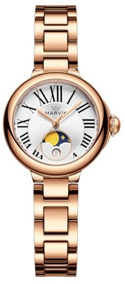 marvin Schweizer Luxus Damenuhr Quarzwerk Mondphase 28 mm Saphirglas Zifferblatt Edelstahlgehäuse Wasserdicht Elegantes Geburtstagsgeschenk für Damen