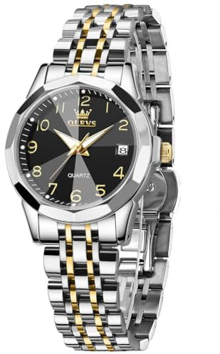 OLEVS Bicolor Damenuhr Edelstahl Moderne Wasserdicht Uhr Damen mit Datum Arabische Ziffern Analog Damen Armbanduhr Leuchtend Leicht zu Lesen Quarz Klein Uhr Frauen Schwarz Zifferblatt Geschenke