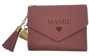 Porte-Monnaie Simili Cuir Vieux Rose Foncé pour Mamie, avec Breloques Cœur et Pompon, Idée Cadeau Femme pour Fête, Anniversaire, Noël, Grand mère