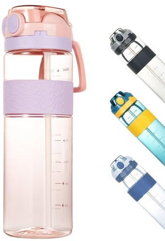 Kerilyn 793.8 g Wasserflasche, Flip Top Wasserflasche mit Strohhalm, wiederverwendbare Wasserflasche mit Trageschlaufe, auslaufsichere Sportwasserflasche, BPA-frei, für Schule, Reisen, Outdoor, Rosa
