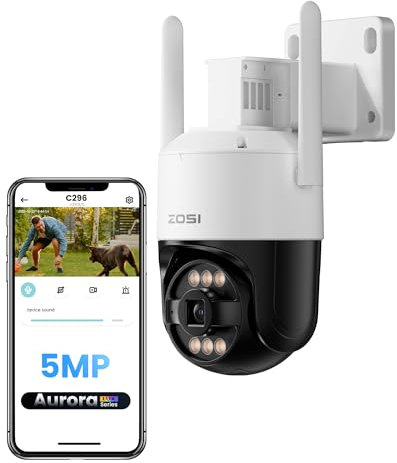 ZOSI 5MP Cámara de Vigilancia WiFi Exterior, 3K Cámara Seguridad PT de 360°, AuroraLux Visión Nocturna a Todo Color, Detección de Personas y Vehículos, Alarma Inteligente y Audio Bidireccional