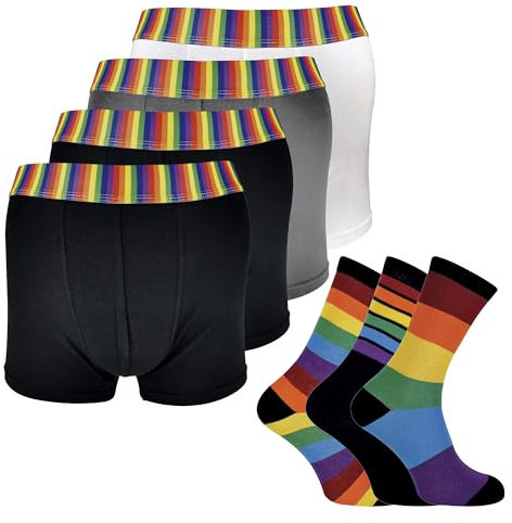 Sock Snob Mens Rainbow Socks & Boxers Set 4 Pack Boxers & 3 Pack Striped Novelty Socks