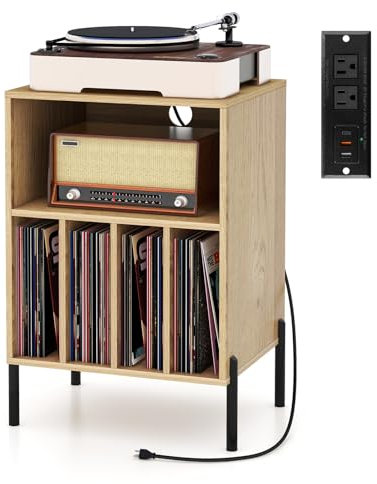 GIANTEX Tavolino da Letto Mobile Giradischi con Base di Ricarica, Comodino per 150 Album, 2 Porte USB, 1 Tipo C, 5 Scomparti, Gambe in Metallo, Supporto per Giradisco, 53 x 45 x 78 cm