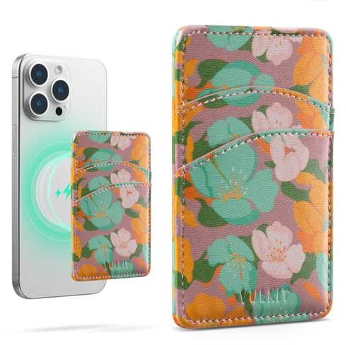 VULKIT Magnetic Phone Card Holder Slim Leather Women Phone Wallet RFID Blocking Credit Card Sleeves Magsafe phone card case for Back of Smartphone (Flower)