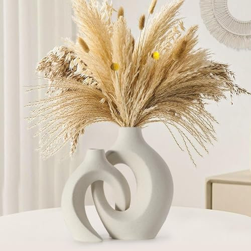 Anquephd Beige Hohle keramikvase 2er-Set, einzigartige runde Moderne Vase für nordische minimalistische Stil Dekoration, Donut Boho ästhetische Vase für Kaffee & Küche Tisch, Pampasgras. (Beige)