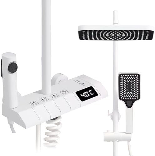 Colonne de Douche, Avec LED Affichage Numérique, Système de Douche Piano Mural Ensemble de Douche Réglable en Hauteur Set de Douche, Douche à main, Tête carrée, 4 modes de fonctionnement (B)