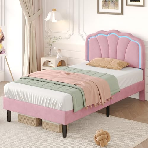 ModernLuxe 3FT Single Upholstered Bed with LED Headboard, Pink Velvet Bed Frame with Adjustable Shell Shape Headboard, Solid Wood Slats, No Box Spring Needed, Easy Assembly (No Mattress)