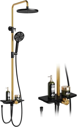 Regendusche Ohne Armatur Mit Ablage, Duschsystem Mit Duschkopf Edelstahl Verstellbare DuschsäUle Duschstange ÜBerkopfbrause Set Kopfbrause Rund 25cm Schwarz+Gold