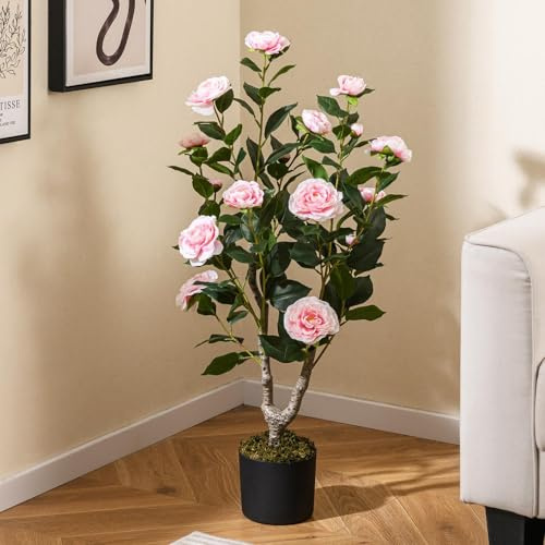 TANGZON 3FT/90CM Artificial Camellia Tree, Faux Blooming Floral Plant in Pot with 16 Flowers & 116 Green Leaves, Indoor Outdoor Decorative Fake Potted Camellia Plant (1, Pink)