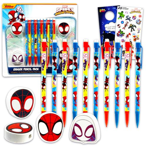 Set di 10 matite meccaniche Spidey e i suoi incredibili amici per aula - Set di forniture scolastiche con 10 matite, 4 gomme da cancellare, più adesivi, altro ancora | Spidey and Friends Forniture
